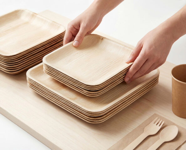 Stack of premium palm leaf plates ready for an elegant eco-friendly dinner