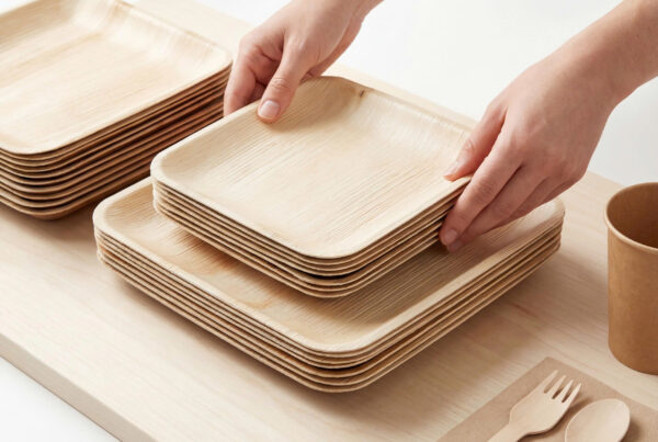 Stack of premium palm leaf plates ready for an elegant eco-friendly dinner