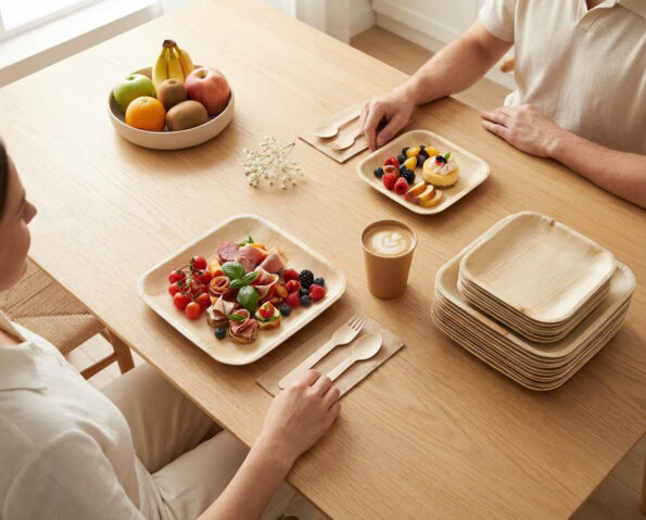 A stack of sustainable palm leaf plates elegantly arranged with fresh greenery, showcasing natural texture and compostable tableware